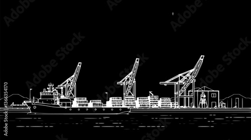 Outline of a cargo port with cranes and containers minimal industrial logistics vector design