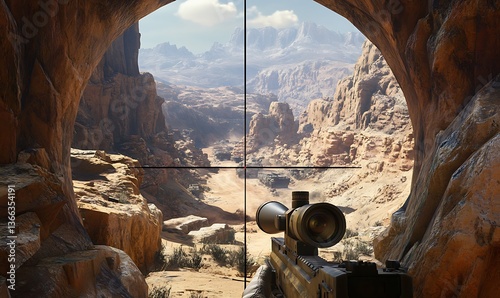 A sniper rifle scope view over a desert canyon landscape