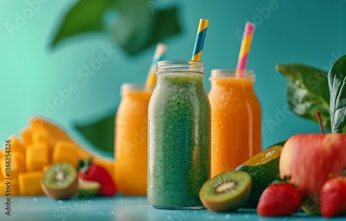 Colorful Fruit Smoothies Displayed on a Vibrant Background With Assorted Frui...