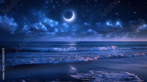 Wallpaper Mural Nighttime Ocean Landscape with Clear Starry Sky and Bright Crescent Moon over Calm Waves Torontodigital.ca