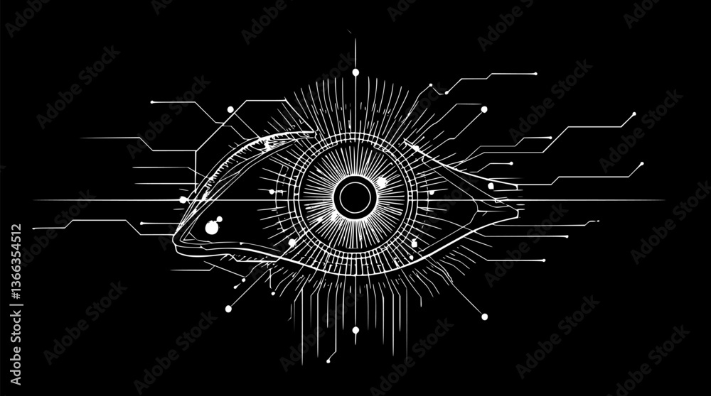 Outline of an AI-powered eye minimal biometric scan technology vector art.