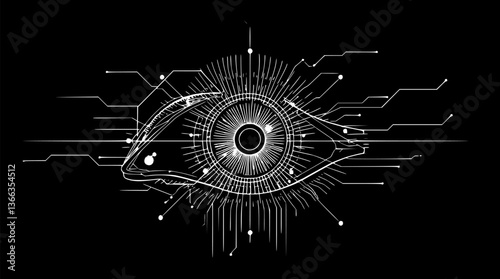 Outline of an AI-powered eye minimal biometric scan technology vector art.