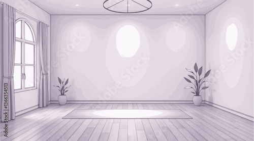 Outline of a yoga studio with meditation space calm and minimalist vector illustration.