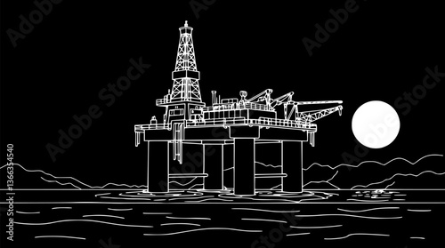 Outline of an offshore oil rig minimal industrial energy vector design.