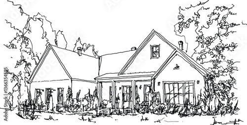 hand drawn architectural sketch of beautiful classic detached village house with garden  and trees