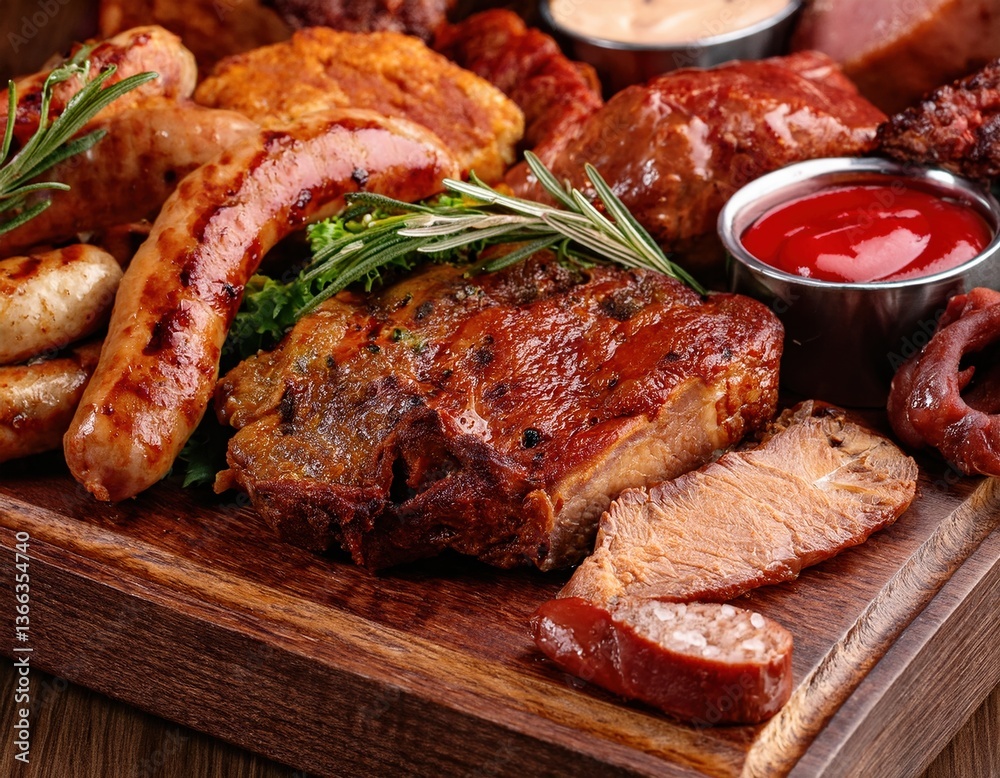 Assorted grilled meats with sausages, ribs, seasonings, and dipping sauces on wooden platter Assorted grilled meats with sausages, ribs, seasonings, and dipping sauces on wooden platter