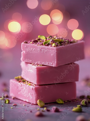 Colorful Pink Sweets Stacked With Pistachios on a Vibrant Background During a...