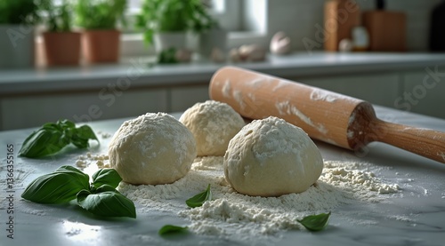 Freshly Made Dough Balls Prepared for Baking on a Kitchen Countertop With Her...