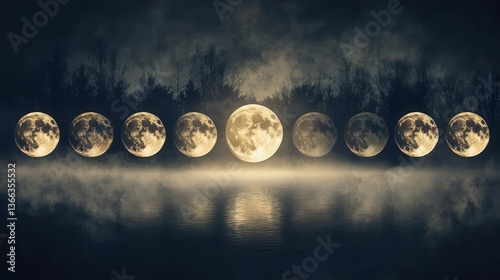 Wallpaper Mural Sequence of Moon Phases Above a Reflective Water Surface Under a Dark Night Sky Torontodigital.ca