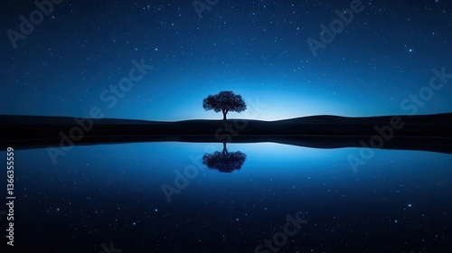 Serene Reflection of a Silhouetted Tree Under a Starry Night Sky by a Calm River
