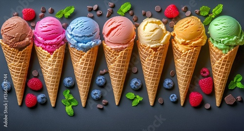 Colorful Ice Cream Cones With Fresh Fruits Arranged on a Dark Background