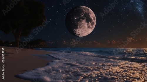 Wallpaper Mural Serene Night Beach Panorama Under Starry Sky with Majestic Moon Over Ocean Waves Torontodigital.ca