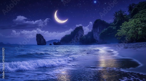 Wallpaper Mural Serene Night Ocean Scene with Crescent Moon and Stars Reflecting on Calm Beach Waves Torontodigital.ca