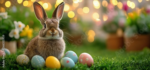 Easter Bunny Surrounded by Colorful Eggs in a Garden During Golden Hour