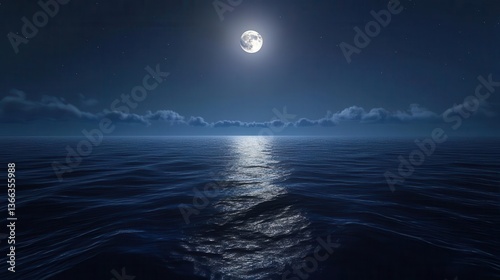 Shimmering Moonlight Over Calm Ocean Waters at Night with Clouds and Stars in the Sky