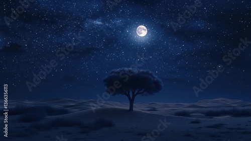 Wallpaper Mural Serene Tree Silhouette Under a Bright Moon and Stars in a Dark Night Sky Landscape Torontodigital.ca