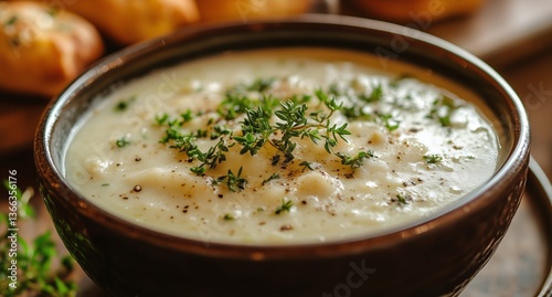 Creamy Soup With Herbs Served in a Stylish Bowl on a Wooden Table at a Cozy R...