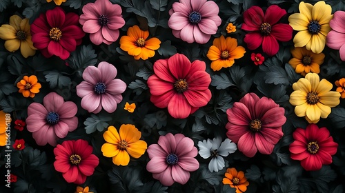 Wallpaper Mural Vibrant Colorful Flowers Dark Leafy Background Torontodigital.ca