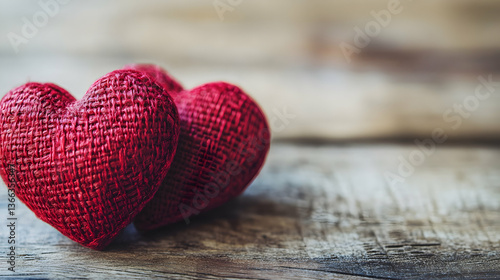 Romantic Wooden Background with Two Red Hearts – Love and Valentine’s Day Theme