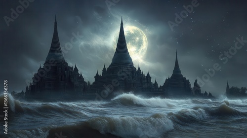 Wallpaper Mural Silhouetted Ancient Temple Against Moonlit Night Sky with Turbulent Ocean Waves Torontodigital.ca