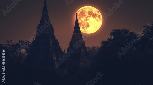Wallpaper Mural Silhouetted Temple Structures Under Full Moonlight Against Night Sky at Twilight Torontodigital.ca