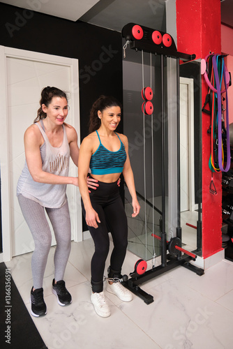 Obraz na płótnie Woman using cable machine with personal trainer assisting her during workout session in gym w salonie