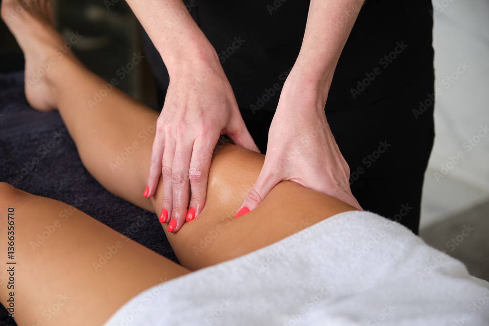 Masseuse applying pressure to a woman's leg during a massage session