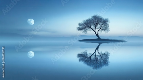 Wallpaper Mural Solitary Tree Silhouette on Island in Tranquil Water with Reflection Under Moonlight at Night Torontodigital.ca