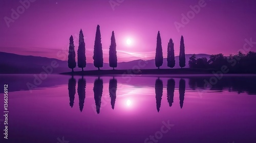 Silhouetted Trees Reflected in a Tranquil Lake During a Purple Sunset