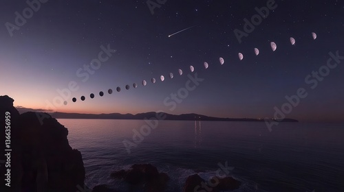 Starry Twilight Sky Over the Ocean with Silhouetted Horizon and Reflections on Calm Water