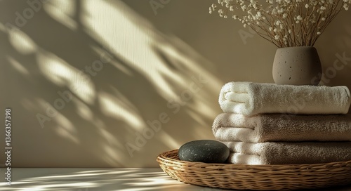 Soft Towels and Decorative Stone in a Tranquil Setting With Natural Light and...