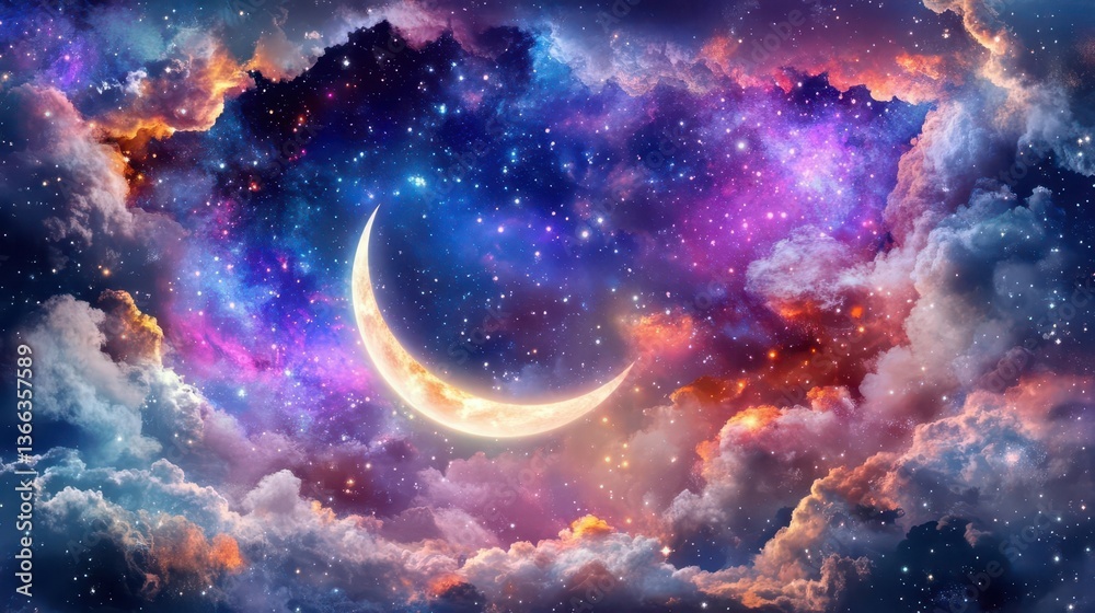 Obraz premium Stunning Celestial Night Sky with Crescent Moon Surrounded by Colorful Clouds and Stars