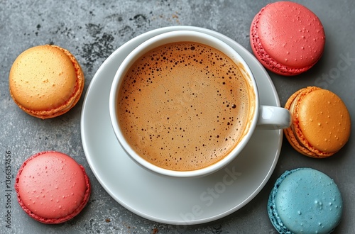 Coffee and Colorful Macarons on a Textured Surface During Morning Relaxation