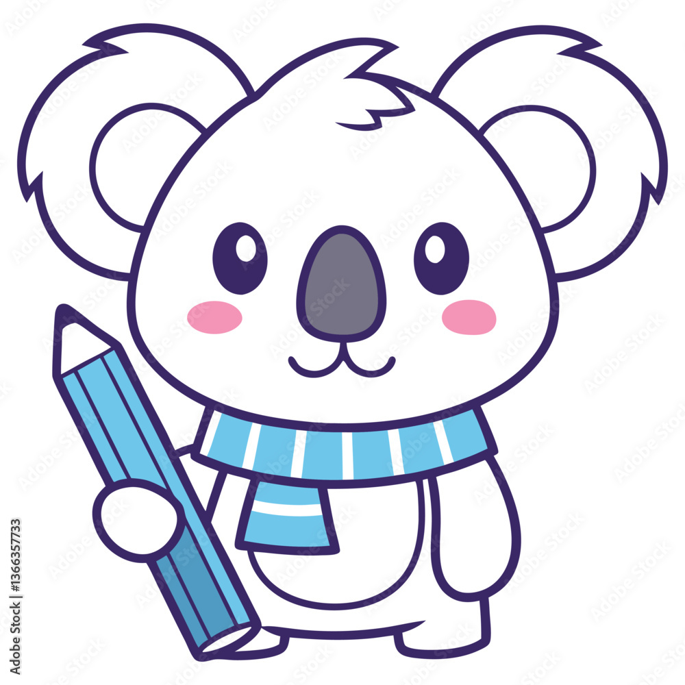 Fototapeta premium Cute Cartoon Koala Character Holding Pencil on Transparent