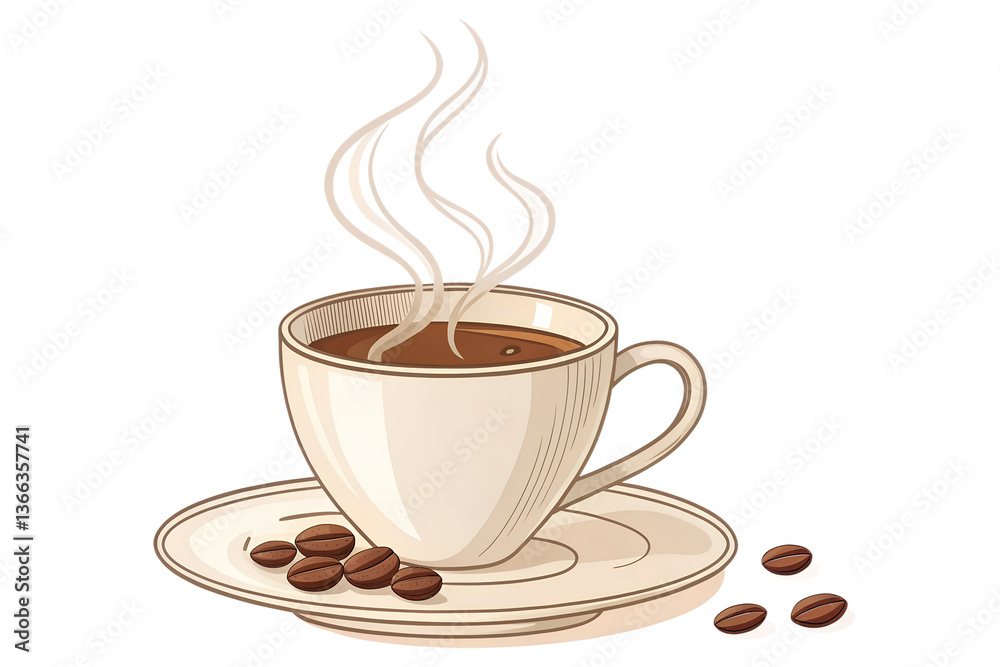 Obraz premium Steaming Coffee Cup PNG – Transparent Background, High-Quality Cafe Illustration.
