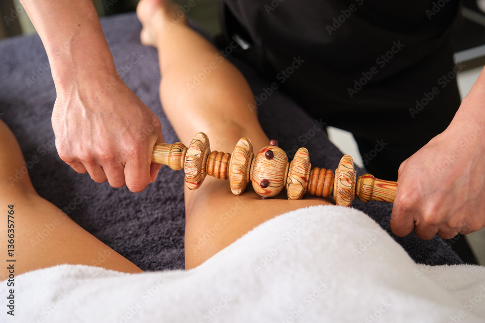 Masseur performing maderoterapia massage on woman's leg using wooden rolling pin tool