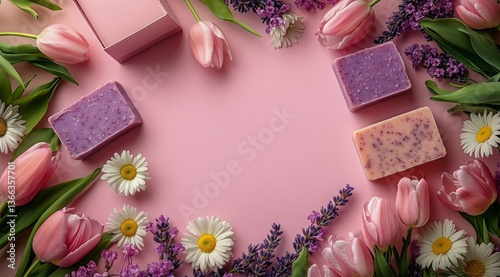 Colorful Soap Arrangement With Flowers on Pink Background in Springtime Setting
