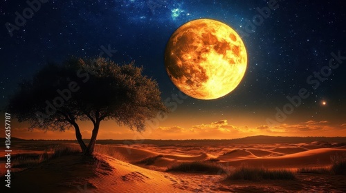 Stunning Desert Landscape Under a Bright Full Moon at Night with Starry Sky and Silhouette of Tree