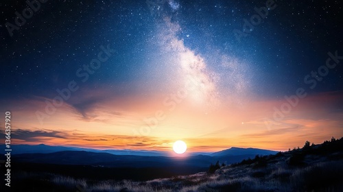 Stunning Milky Way and Bright Sunset Over Scenic Horizon with Stars and Clouds in Night Sky