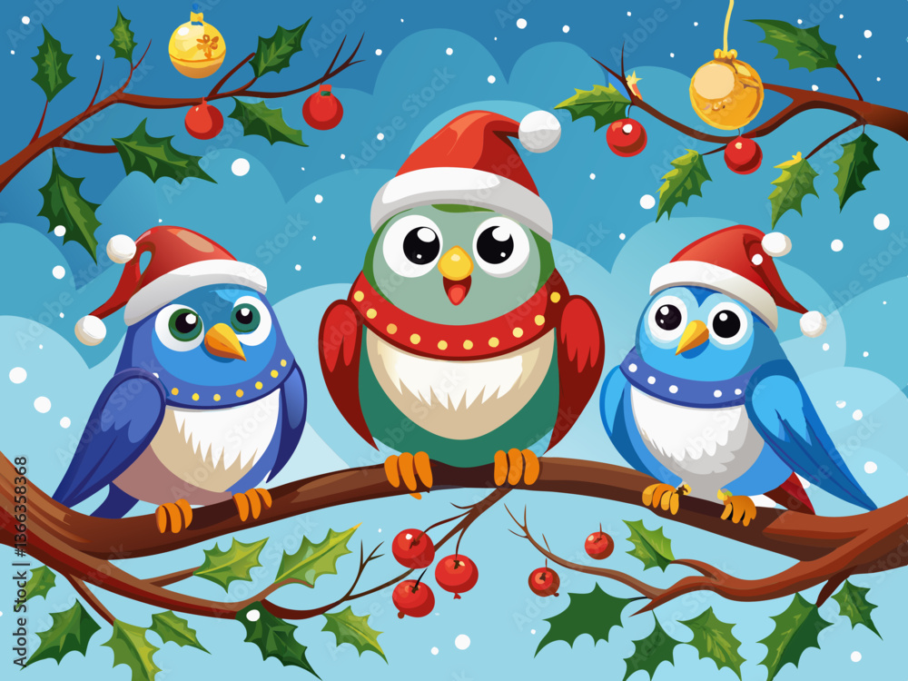 Fototapeta premium vector of Three charming birds in Christmas hats perched on a snowy branch.