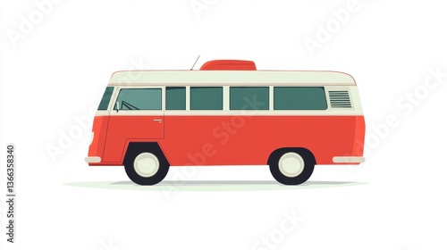 Vintage Red Camper Van on a Minimalist White Background