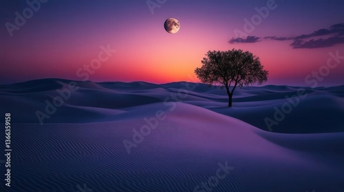 Stunning Twilight Desert Landscape with Silhouetted Tree and Full Moon against Vibrant Sunset Colors
