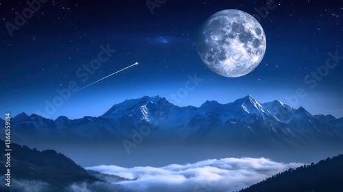 Wallpaper Mural Stunning Night View of Majestic Mountains Under Full Moon and Starry Sky with Misty Clouds Torontodigital.ca