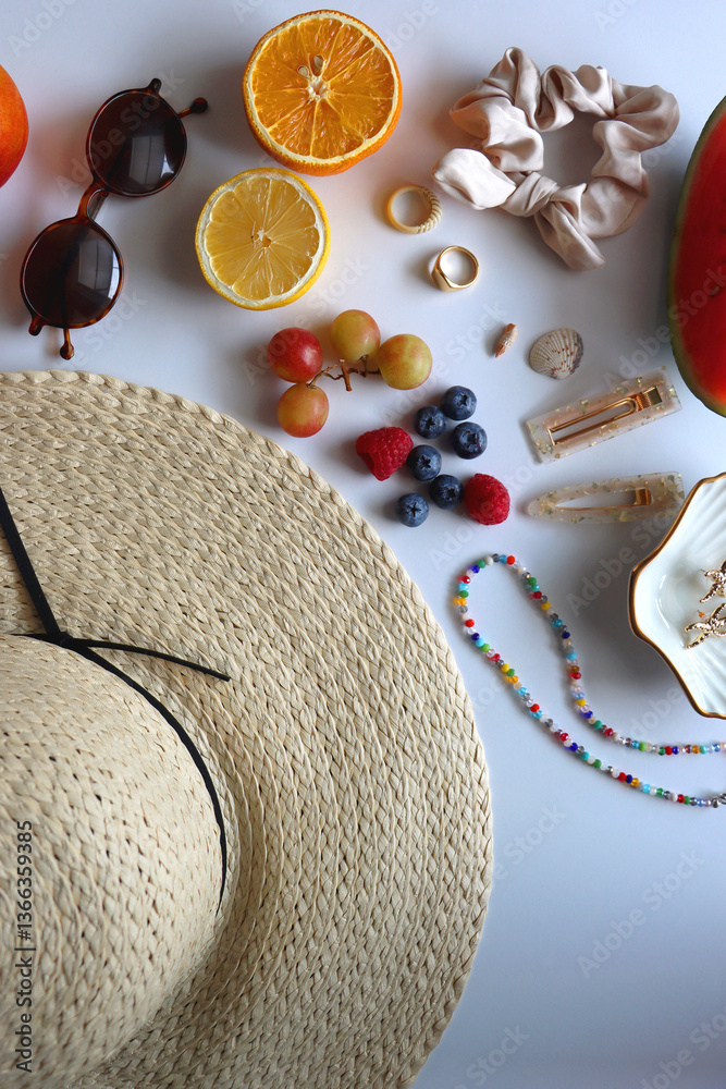 Straw hat, sunglasses, seasonal fruit, seashells and colorful accessories on white backgrounds. Cute summer essentials. Flat lay.