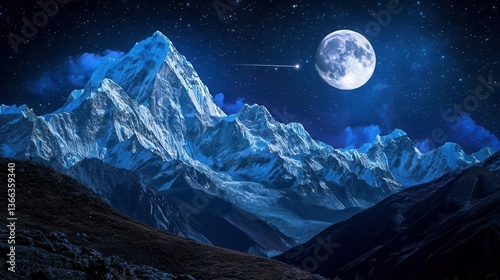 Wallpaper Mural Stunning Nighttime Mountain Landscape with Full Moon and Starry Sky Over Rocky Peaks Torontodigital.ca