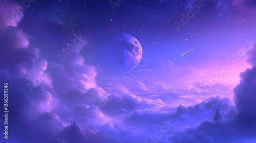 Surreal Dreamlike Landscape with Clouds and Moon Illuminated by Stars in a Purple Night Sky