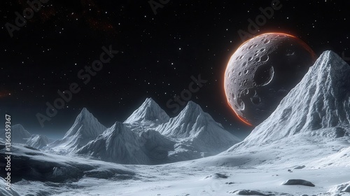 Surreal Landscape of Snowy Mountains Under a Celestial Night Sky with Distant Planet in Space
