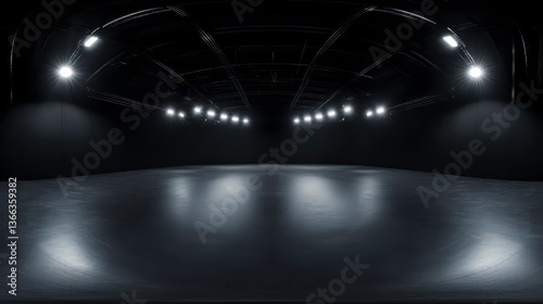 Empty dark studio room with bright spotlights. Black minimalistic interior design. Virtual reality HDRI tech. 360-degree panorama. Smooth surfaces. Modern digital artwork. Futuristic scene