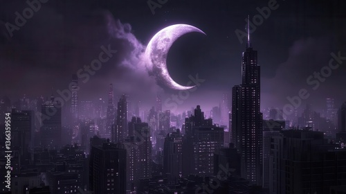 Surreal Night Cityscape With Luminous Crescent Moon Over Urban Skyline Under Purple Skies