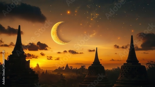 Wallpaper Mural Stunning Sunset Over Ancient Temples Under Moonlit Sky with Stars in Southeast Asia Torontodigital.ca